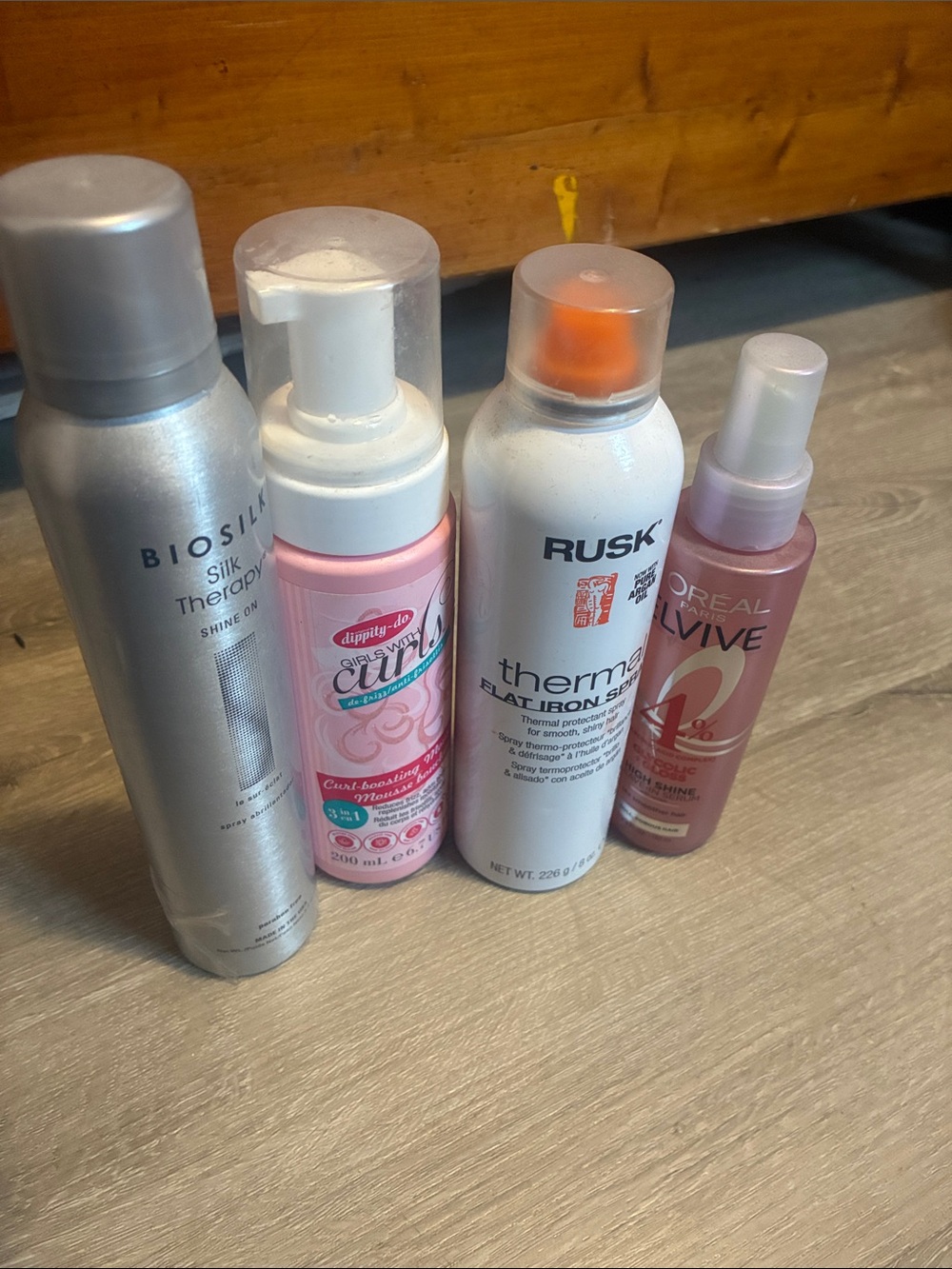 RUSK Thermal Flat Iron Spray - White & L'Oréal Elvive Heat Protectant - Pink